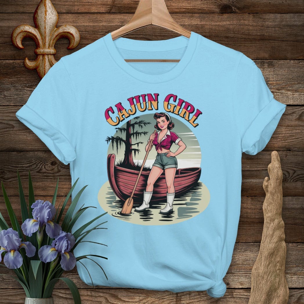 S / Sky Louisiana Cajun Girl Pinup T-Shirt by Laissez Faire Wear