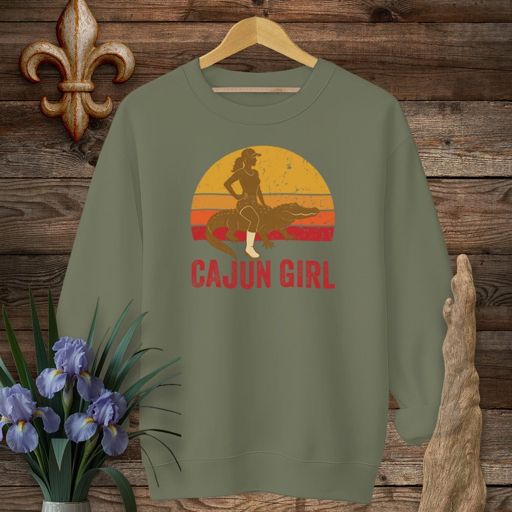 S / Military Green Louisiana Cajun Girl Retro Sweatshirt by Laissez Faire Wear