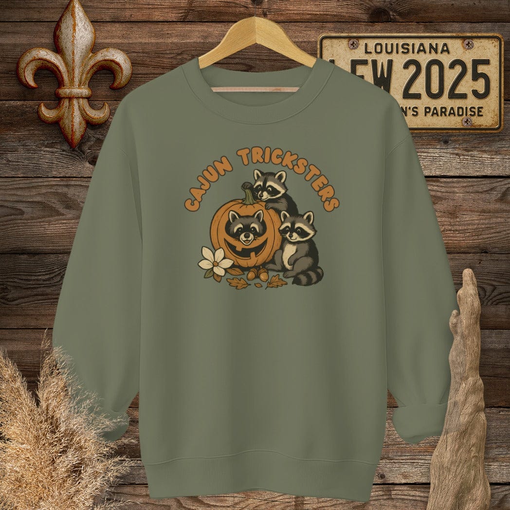 S / Military Green Louisiana Cajun Tricksters Halloween Sweatshirt by Laissez Faire Wear