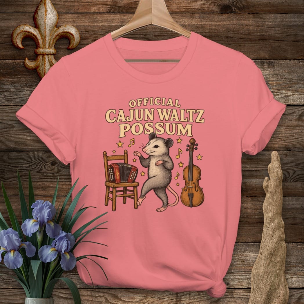S / Coral Silk Louisiana Cajun Waltz Possum T-Shirt by Laissez Faire Wear