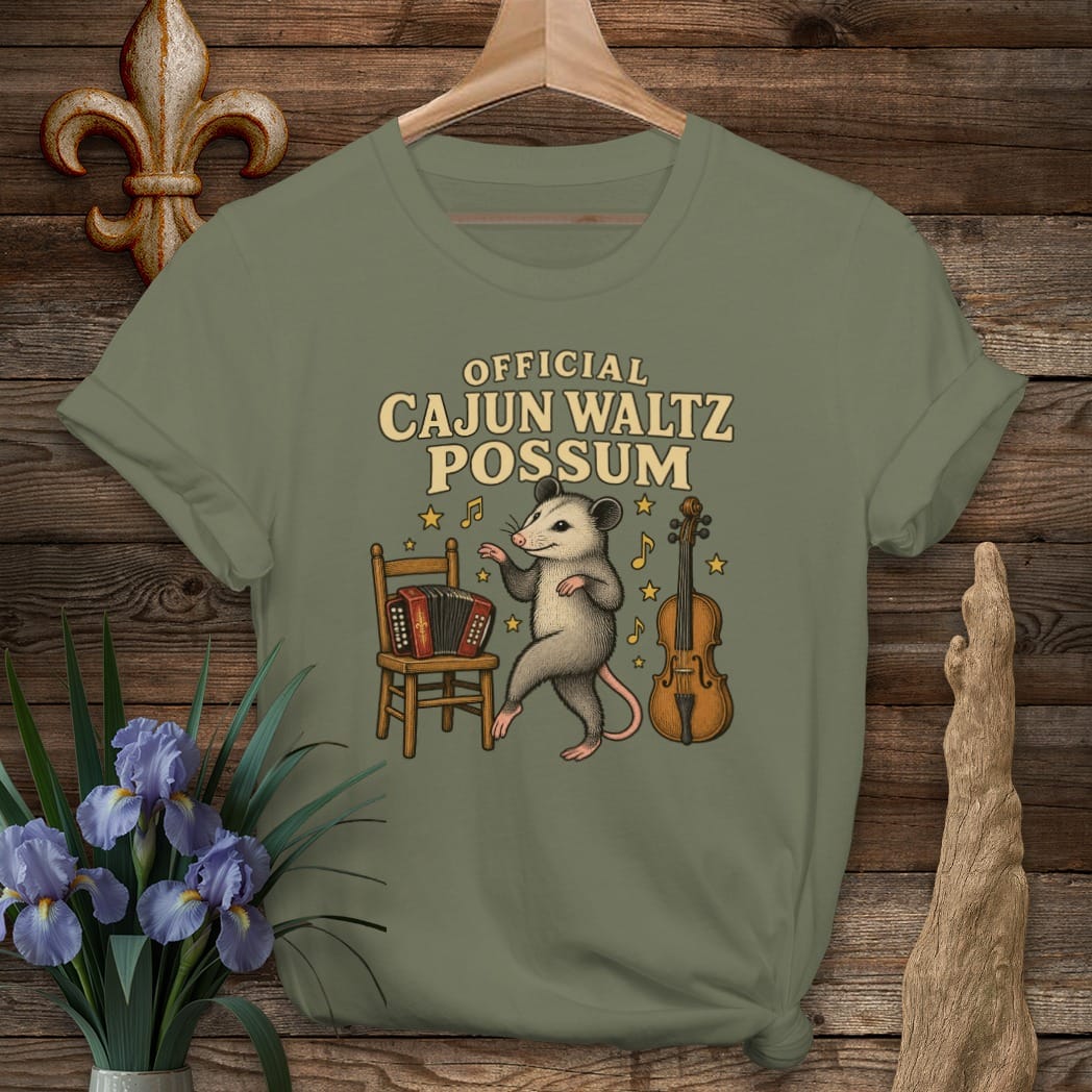 S / Military Green Louisiana Cajun Waltz Possum T-Shirt by Laissez Faire Wear