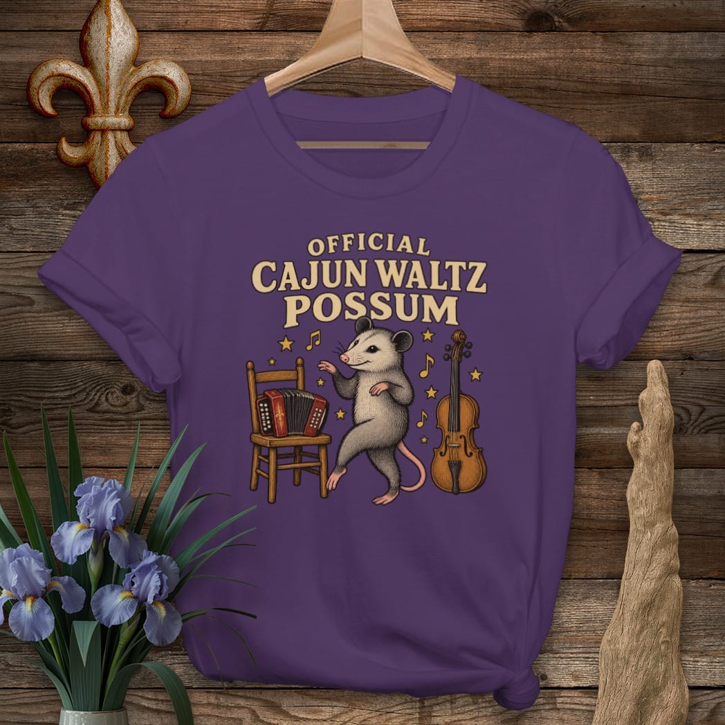 S / Purple Louisiana Cajun Waltz Possum T-Shirt by Laissez Faire Wear