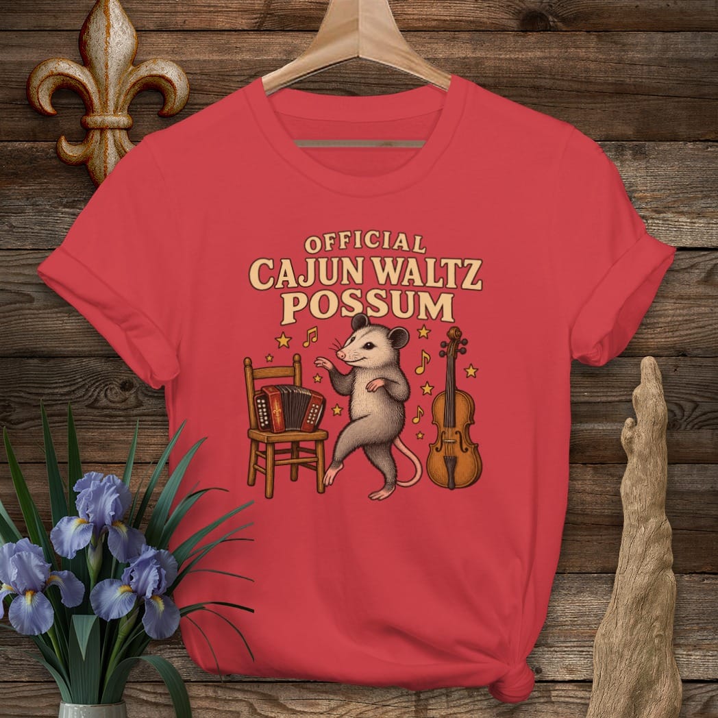 S / Red Louisiana Cajun Waltz Possum T-Shirt by Laissez Faire Wear