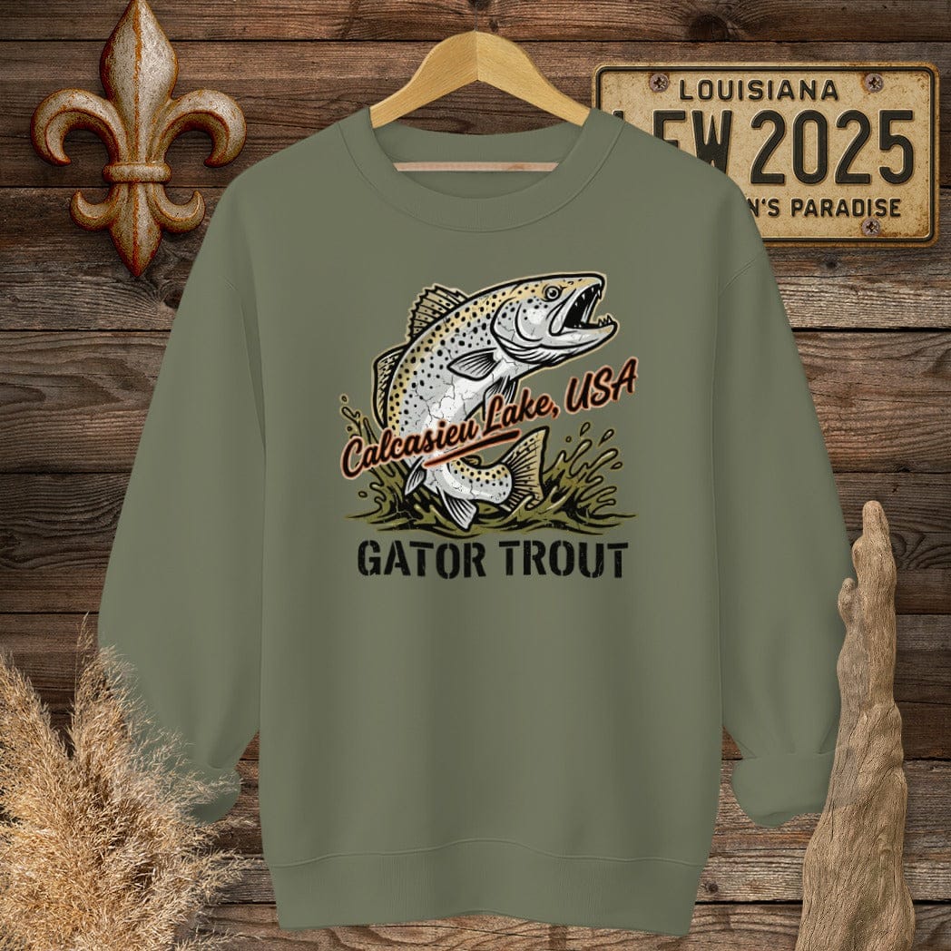 S / Military Green Louisiana Calcasieu Lake Sweatshirt by Laissez Faire Wear