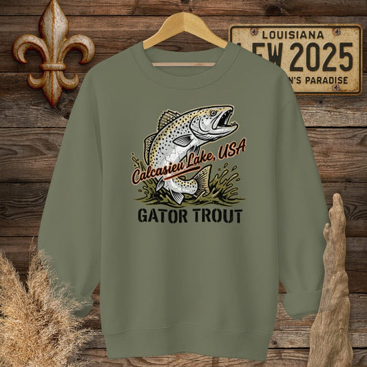S / Military Green Louisiana Calcasieu Lake Sweatshirt by Laissez Faire Wear