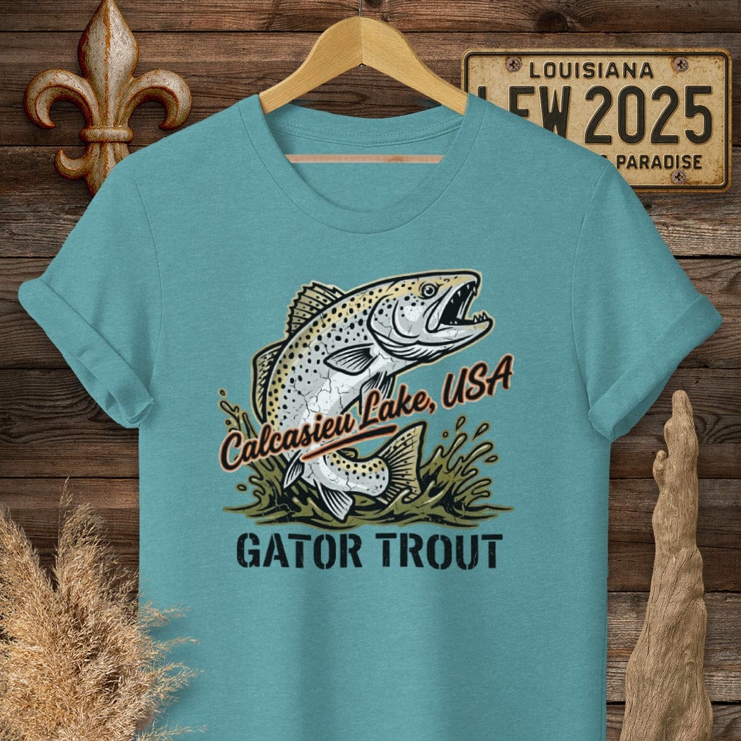 S / Heather Galapagos Blue Louisiana Calcasieu Lake T-Shirt by Laissez Faire Wear