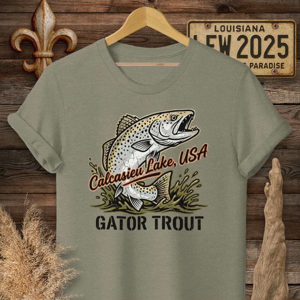 S / Heather Military Green Louisiana Calcasieu Lake T-Shirt by Laissez Faire Wear