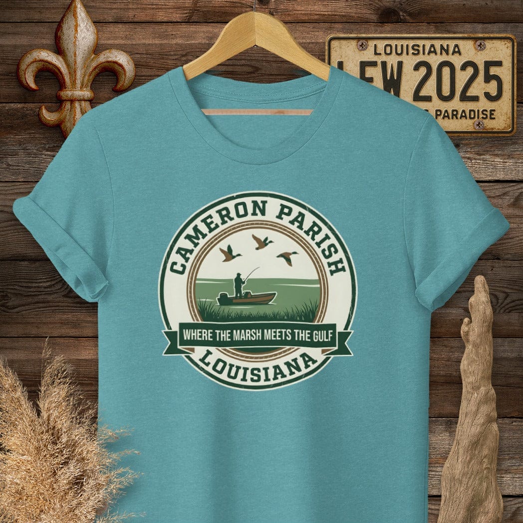 S / Heather Galapagos Blue Louisiana Cameron Parish T-Shirt by Laissez Faire Wear