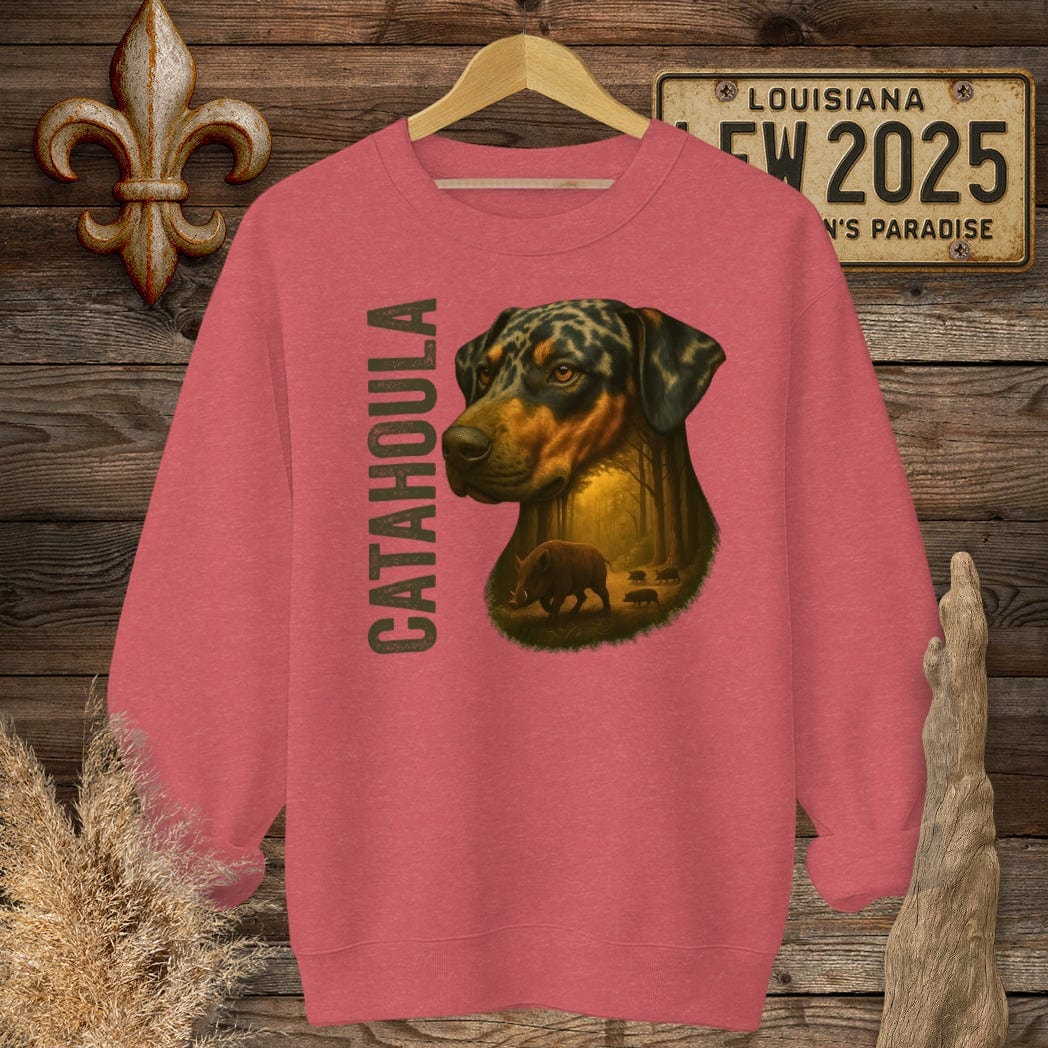 S / Heather Scarlet Red Louisiana Catahoula Hunting Dog Sweatshirt by Laissez Faire Wear