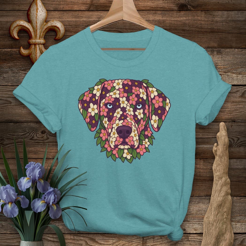 S / Heather Galapagos Blue Louisiana Catahoula in Crepe Myrtle T-Shirt by Laissez Faire Wear