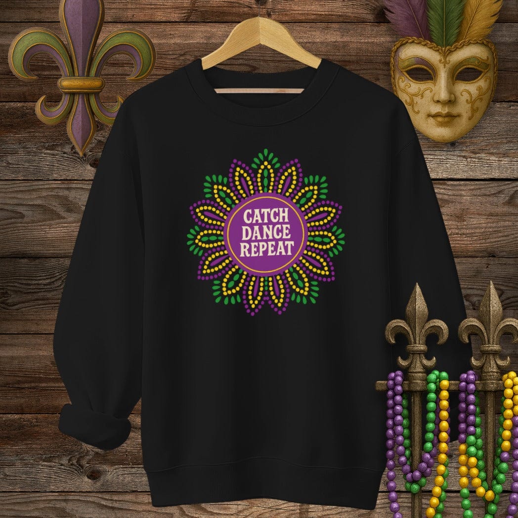 S / Black Louisiana Catch Dance Repeat Mardi Gras Sweatshirt by Laissez Faire Wear