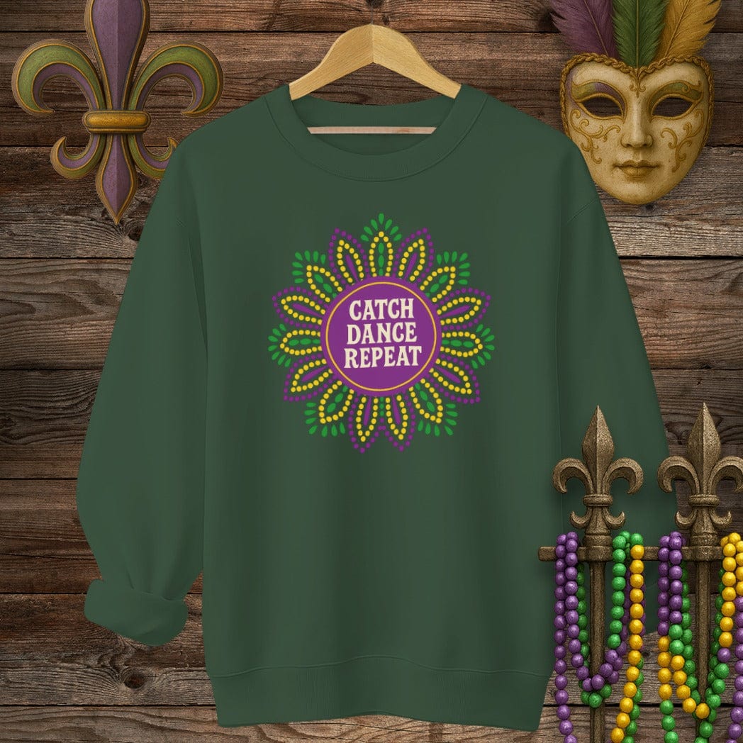 S / Forest Green Louisiana Catch Dance Repeat Mardi Gras Sweatshirt by Laissez Faire Wear