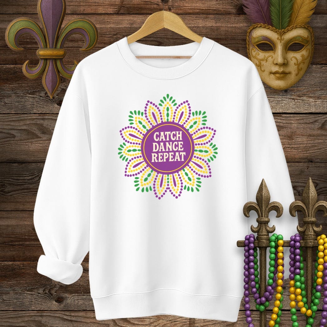 S / White Louisiana Catch Dance Repeat Mardi Gras Sweatshirt by Laissez Faire Wear