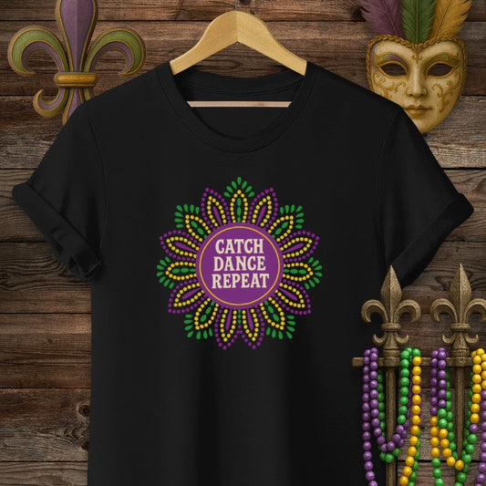 S / Black Louisiana Catch Dance Repeat Mardi Gras T-Shirt by Laissez Faire Wear