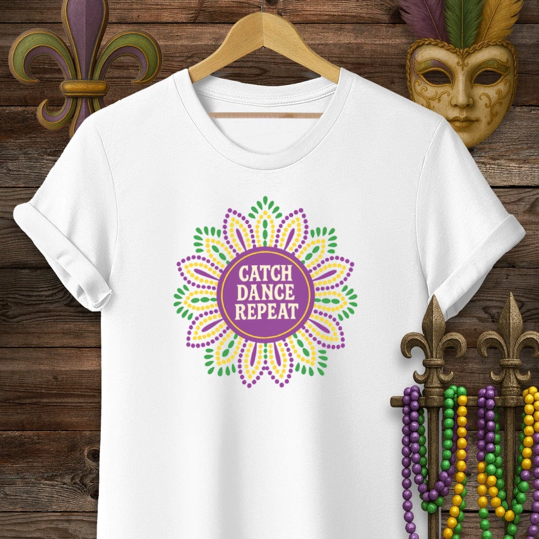 S / White Louisiana Catch Dance Repeat Mardi Gras T-Shirt by Laissez Faire Wear