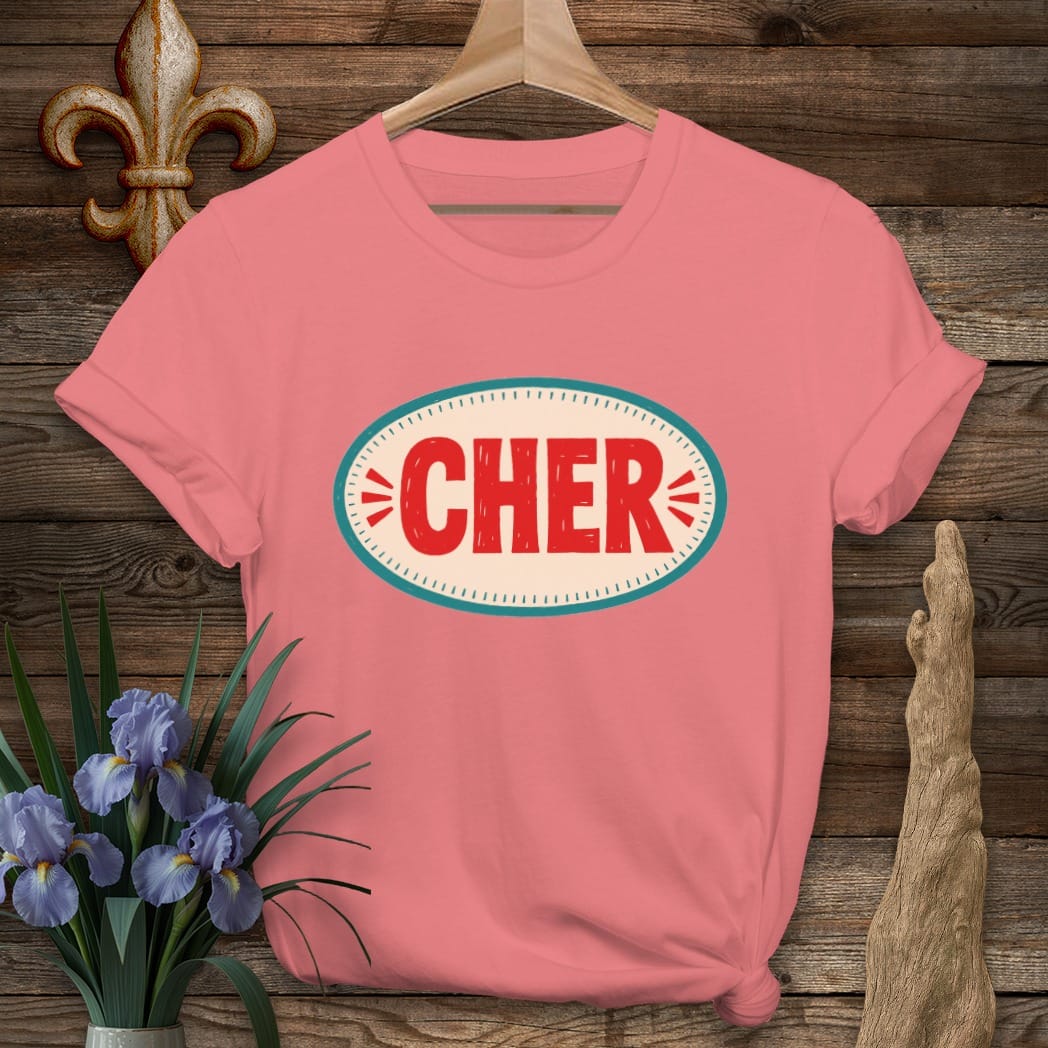 S / Coral Silk Louisiana Cher Badge T-Shirt by Laissez Faire Wear