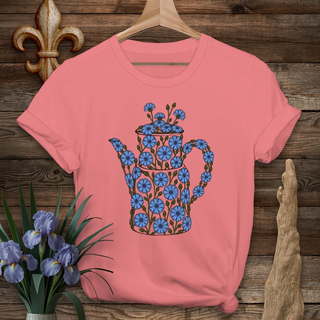 S / Coral Silk Louisiana Chicory Coffee Pot T-Shirt by Laissez Faire Wear