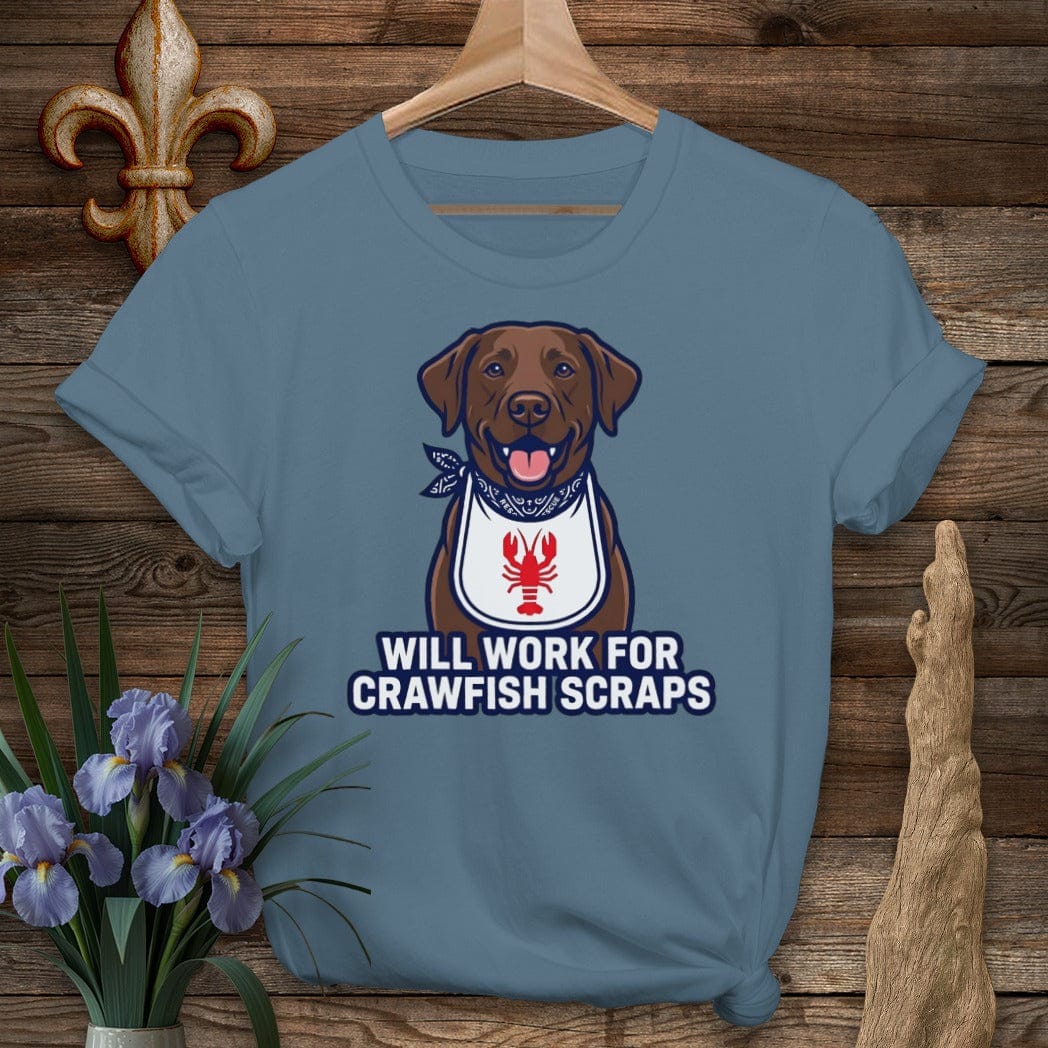 S / Indigo Blue Louisiana Choc Lab Crawfish Scraps Tee by Laissez Faire Wear