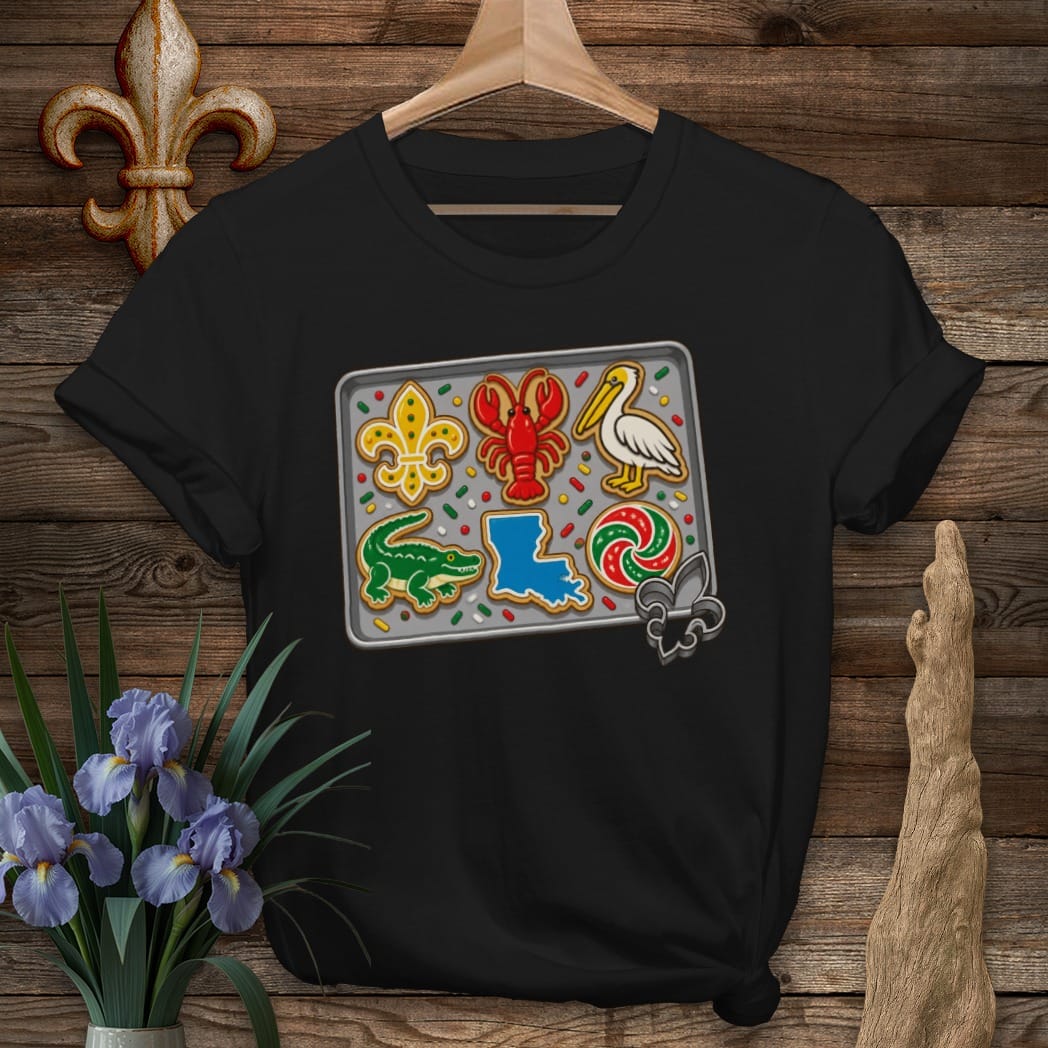 S / Black Louisiana Christmas Cookies T-Shirt by Laissez Faire Wear