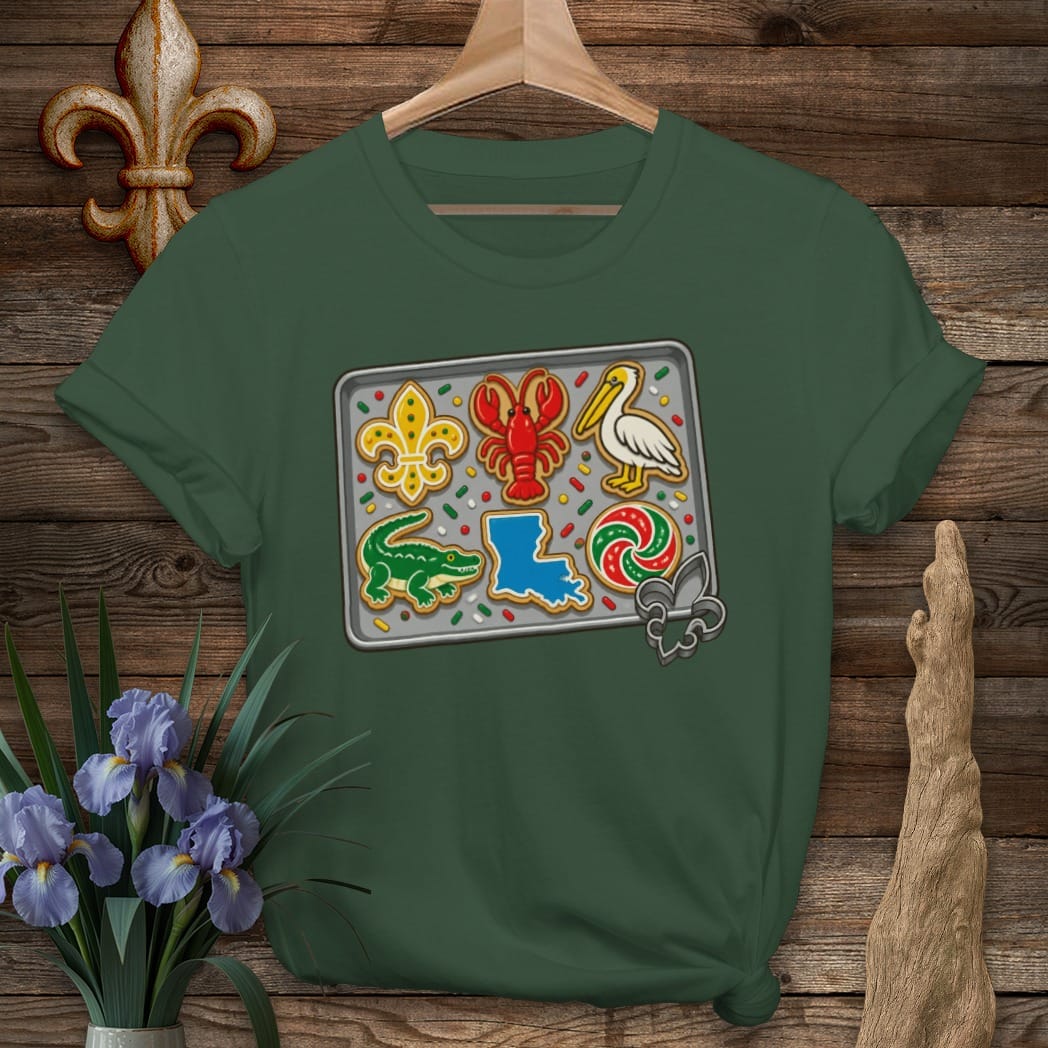 S / Forest Green Louisiana Christmas Cookies T-Shirt by Laissez Faire Wear
