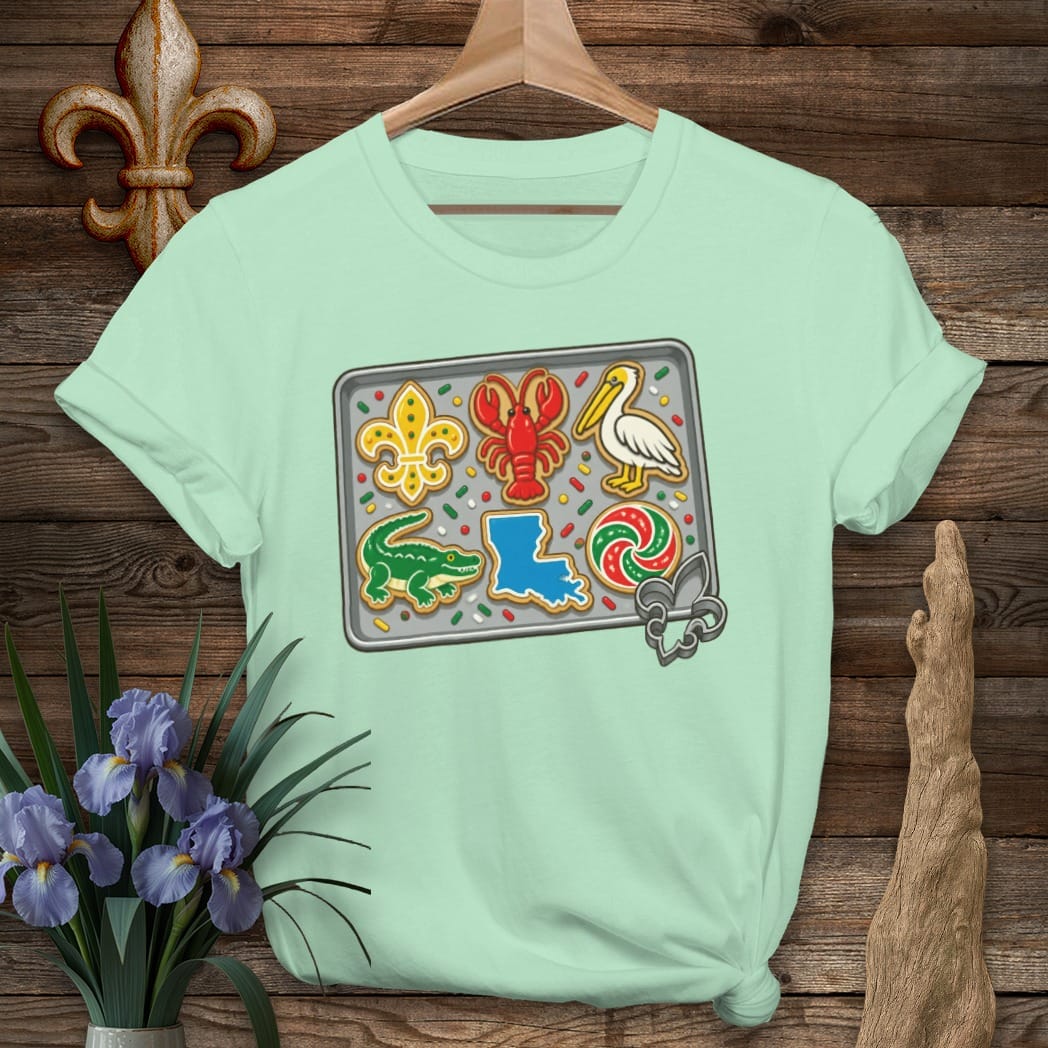 S / Mint Green Louisiana Christmas Cookies T-Shirt by Laissez Faire Wear