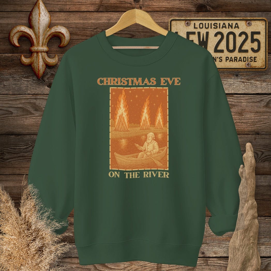 S / Forest Green Louisiana Christmas Eve on the River Sweatshirt by Laissez Faire Wear