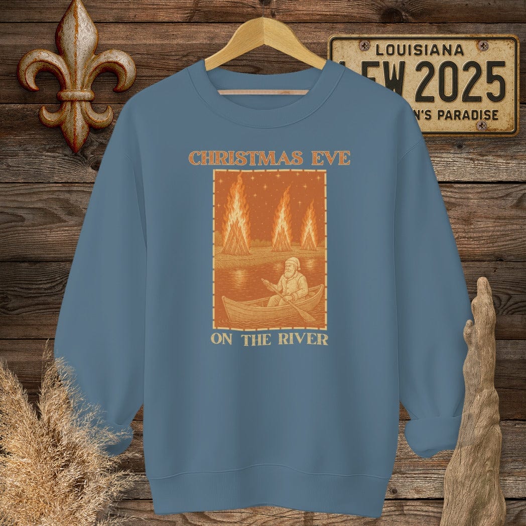 S / Indigo Blue Louisiana Christmas Eve on the River Sweatshirt by Laissez Faire Wear