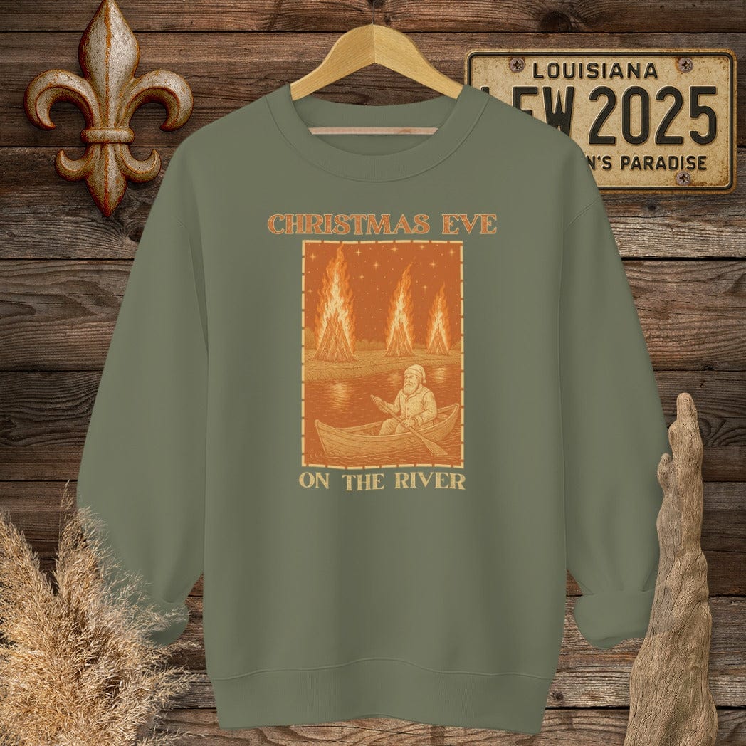 S / Military Green Louisiana Christmas Eve on the River Sweatshirt by Laissez Faire Wear