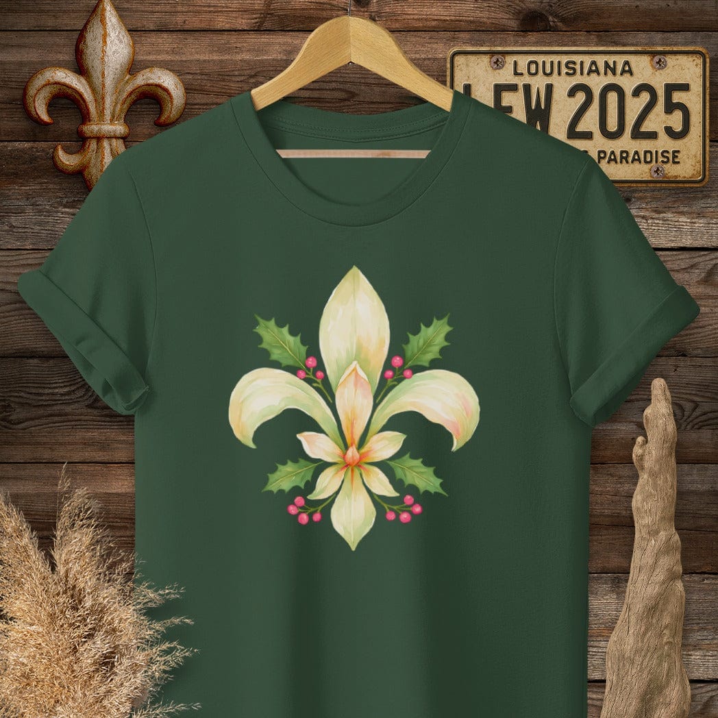 S / Forest Green Louisiana Christmas Fleur T-Shirt by Laissez Faire Wear