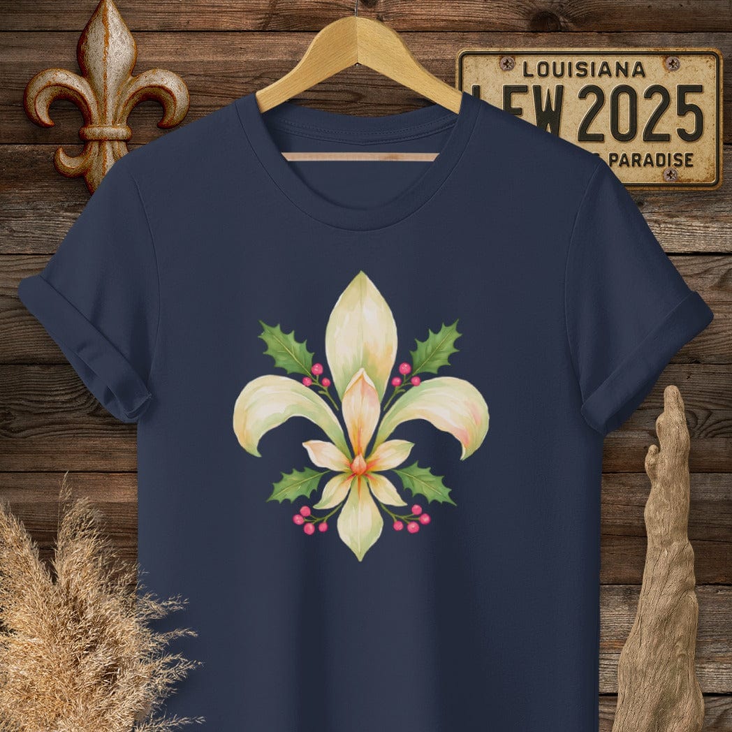 S / Navy Louisiana Christmas Fleur T-Shirt by Laissez Faire Wear
