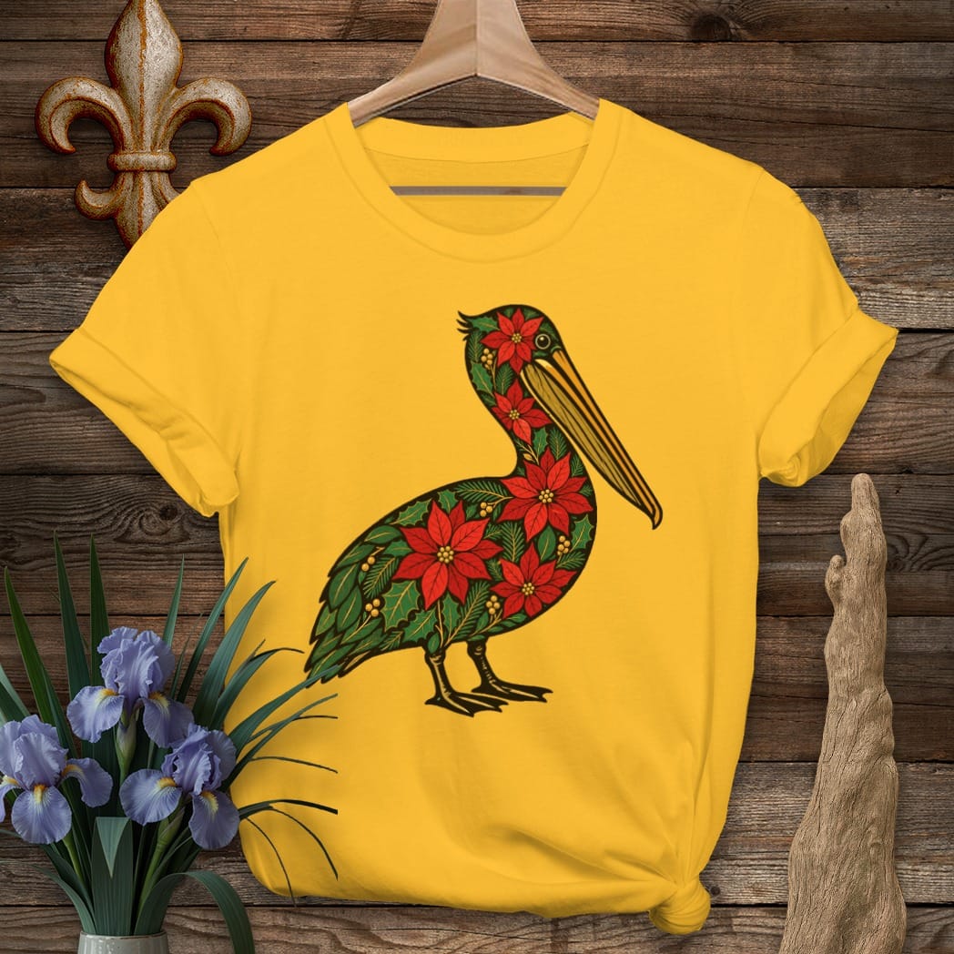 S / Gold Louisiana Christmas Pelican T-Shirt by Laissez Faire Wear