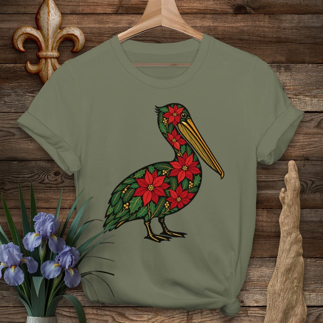 S / Military Green Louisiana Christmas Pelican T-Shirt by Laissez Faire Wear