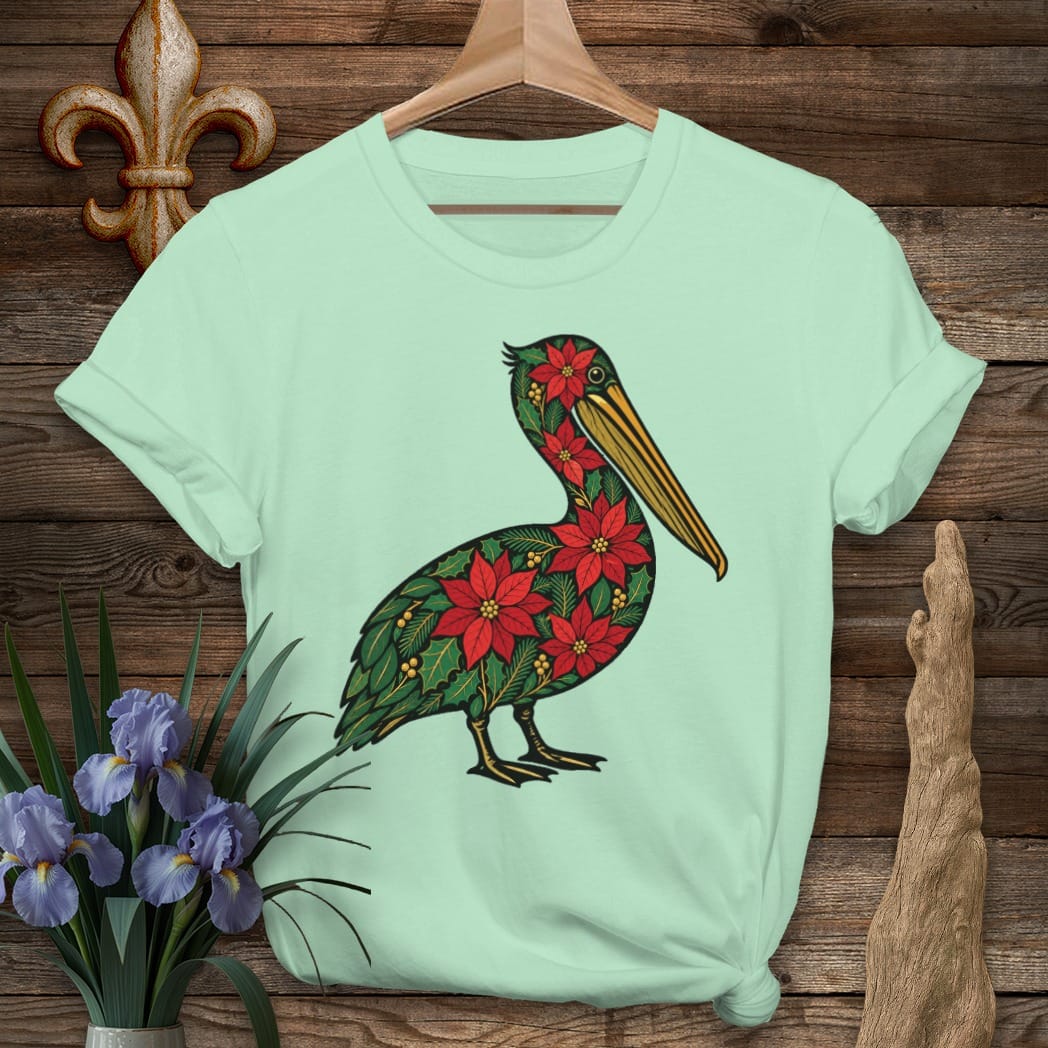S / Mint Green Louisiana Christmas Pelican T-Shirt by Laissez Faire Wear
