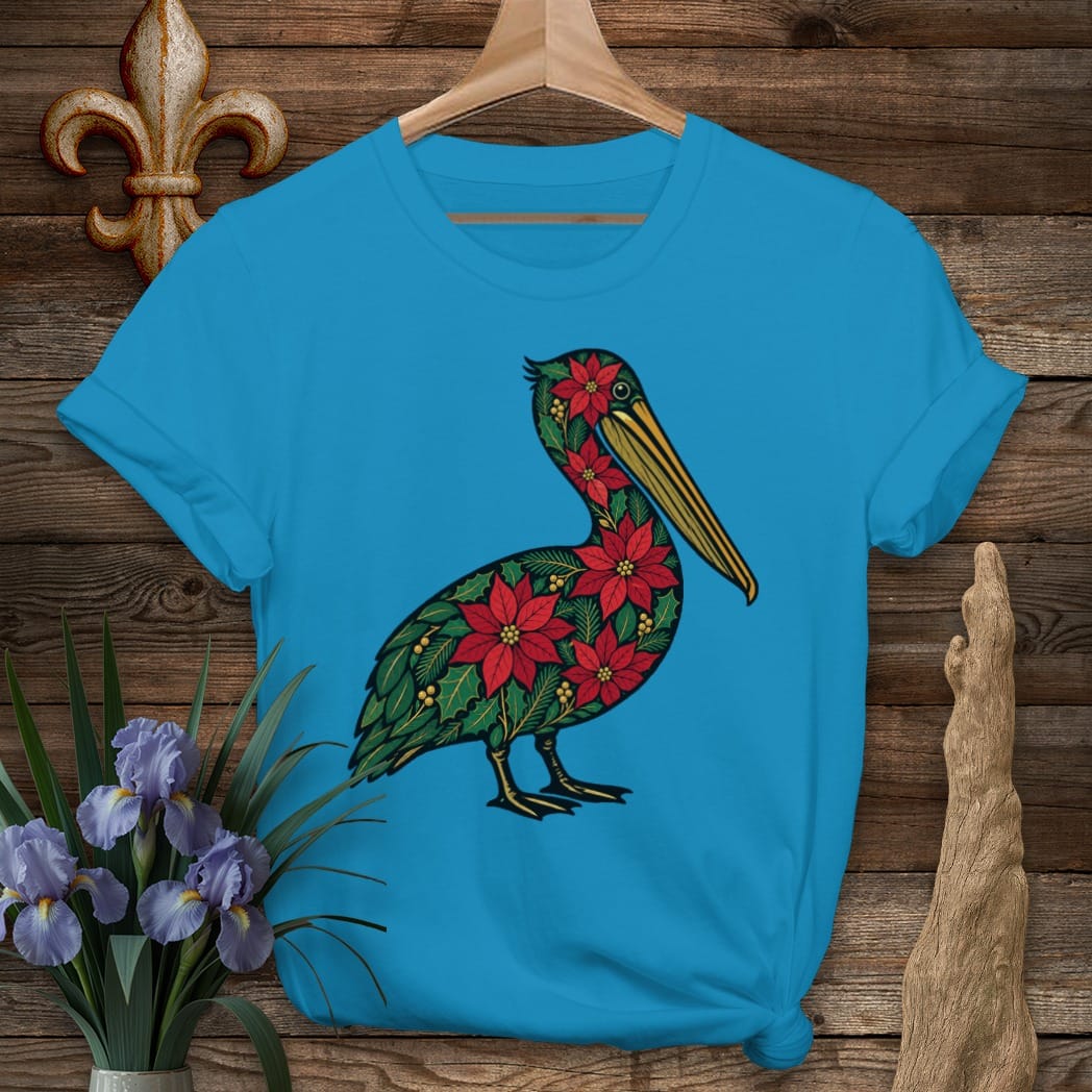 S / Sapphire Louisiana Christmas Pelican T-Shirt by Laissez Faire Wear