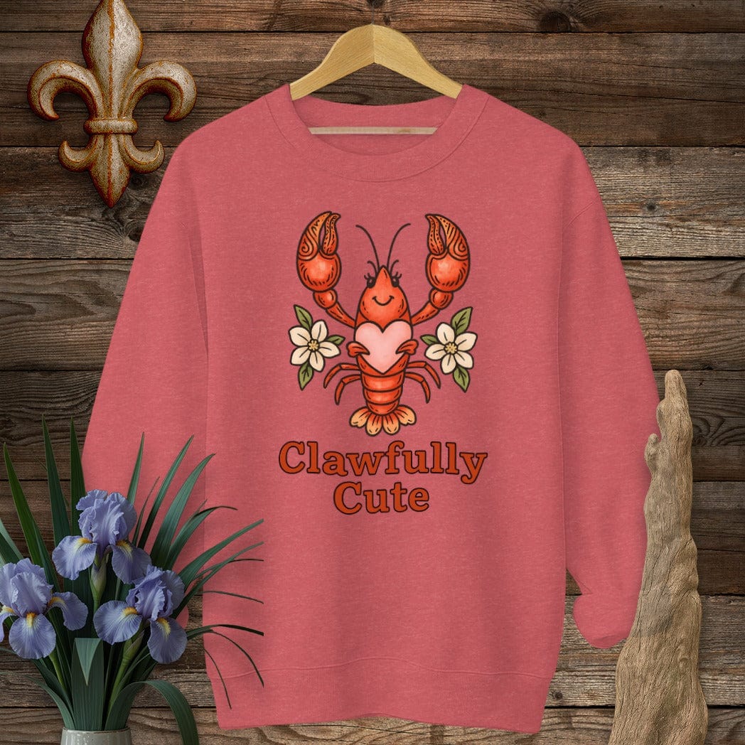 S / Heather Scarlet Red Louisiana Clawfully Cute Crawfish Sweatshirt by Laissez Faire Wear