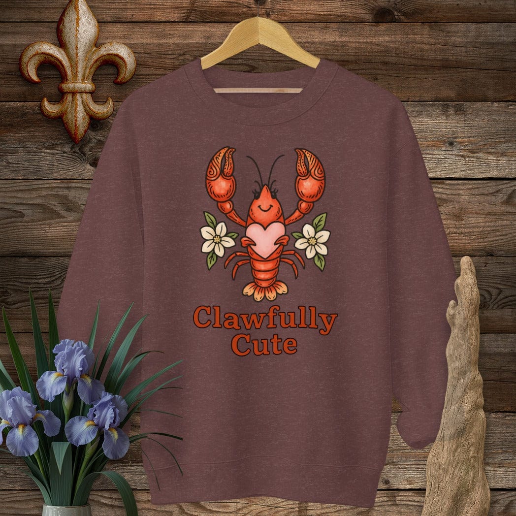 S / Heather Sport Dark Maroon Louisiana Clawfully Cute Crawfish Sweatshirt by Laissez Faire Wear