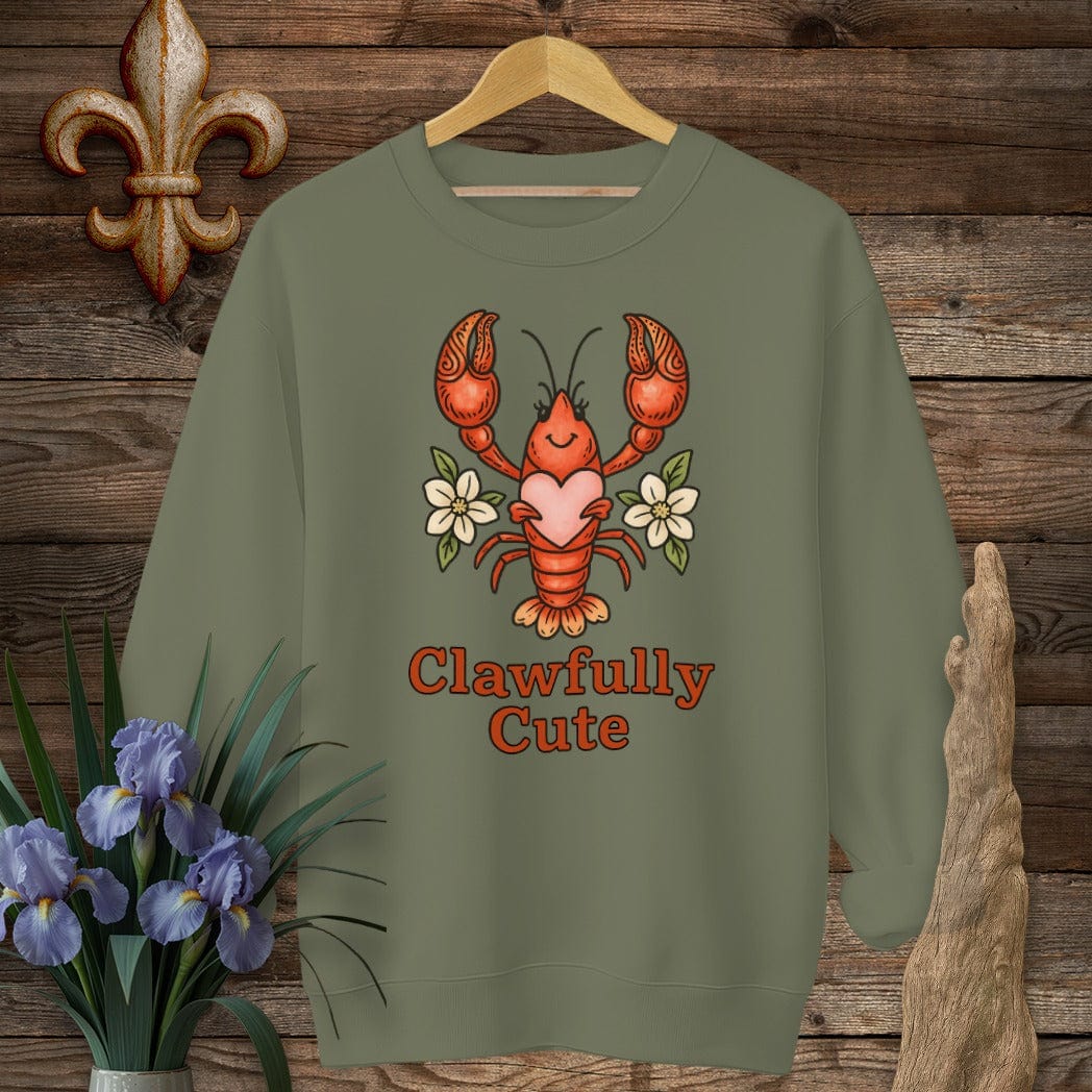 S / Military Green Louisiana Clawfully Cute Crawfish Sweatshirt by Laissez Faire Wear