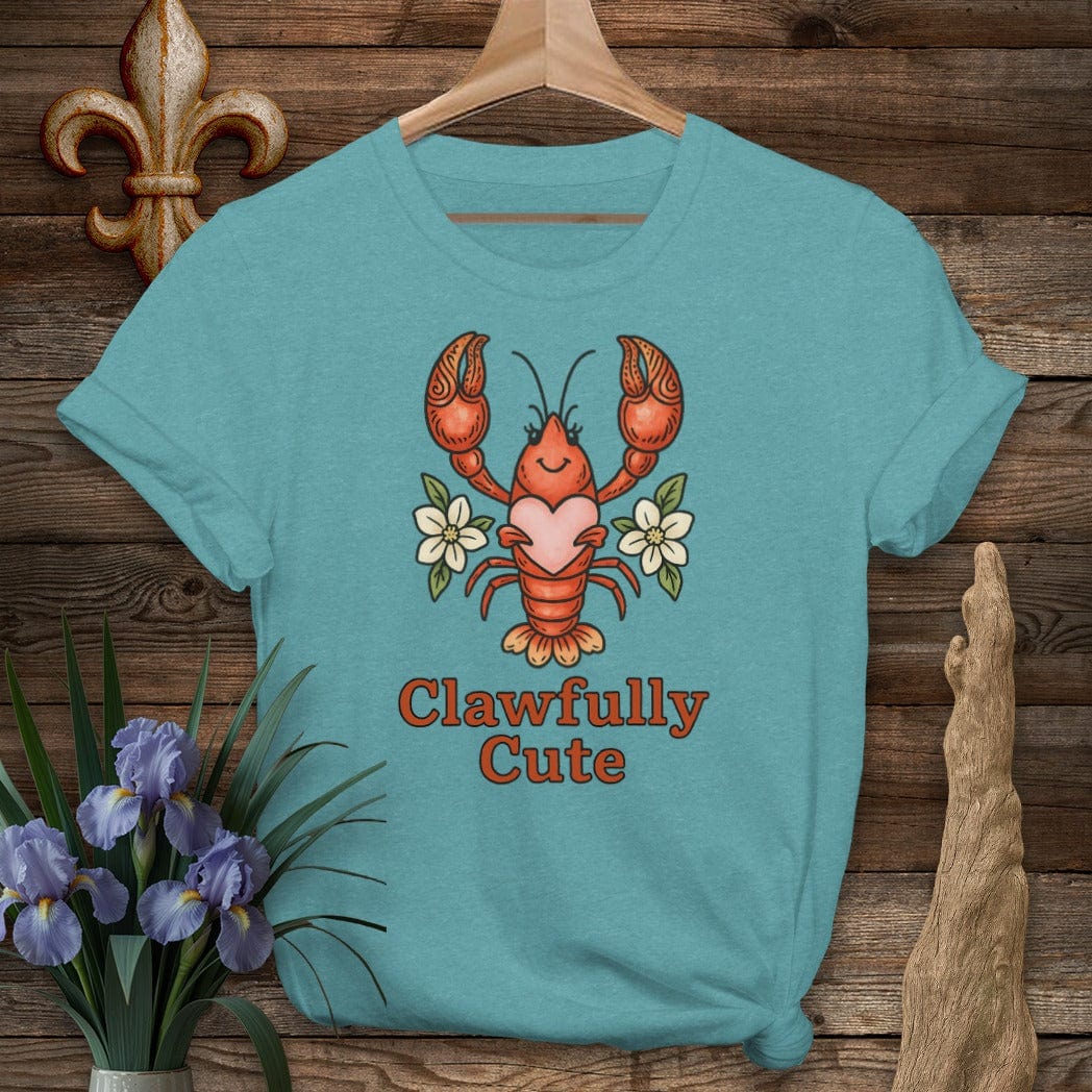 S / Heather Galapagos Blue Louisiana Clawfully Cute Crawfish T-Shirt by Laissez Faire Wear