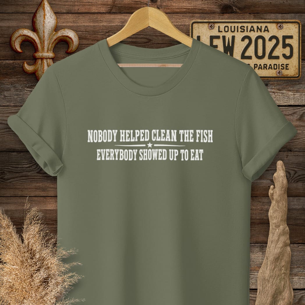 S / Military Green Louisiana Clean the Fish T-Shirt by Laissez Faire Wear