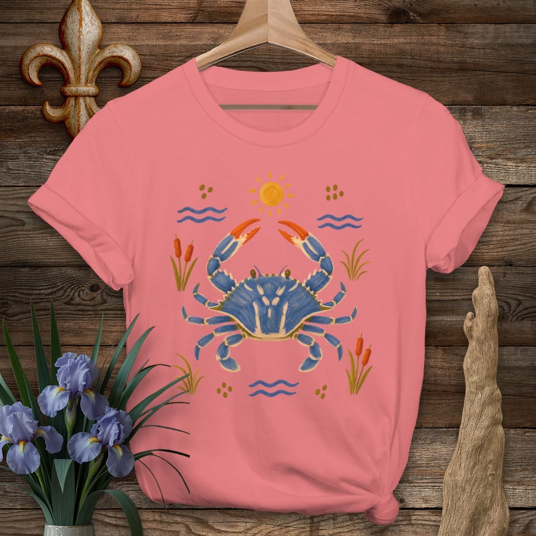 S / Coral Silk Louisiana Coastal Blue Crab T-Shirt by Laissez Faire Wear