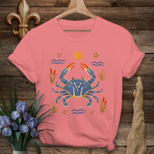 S / Coral Silk Louisiana Coastal Blue Crab T-Shirt by Laissez Faire Wear