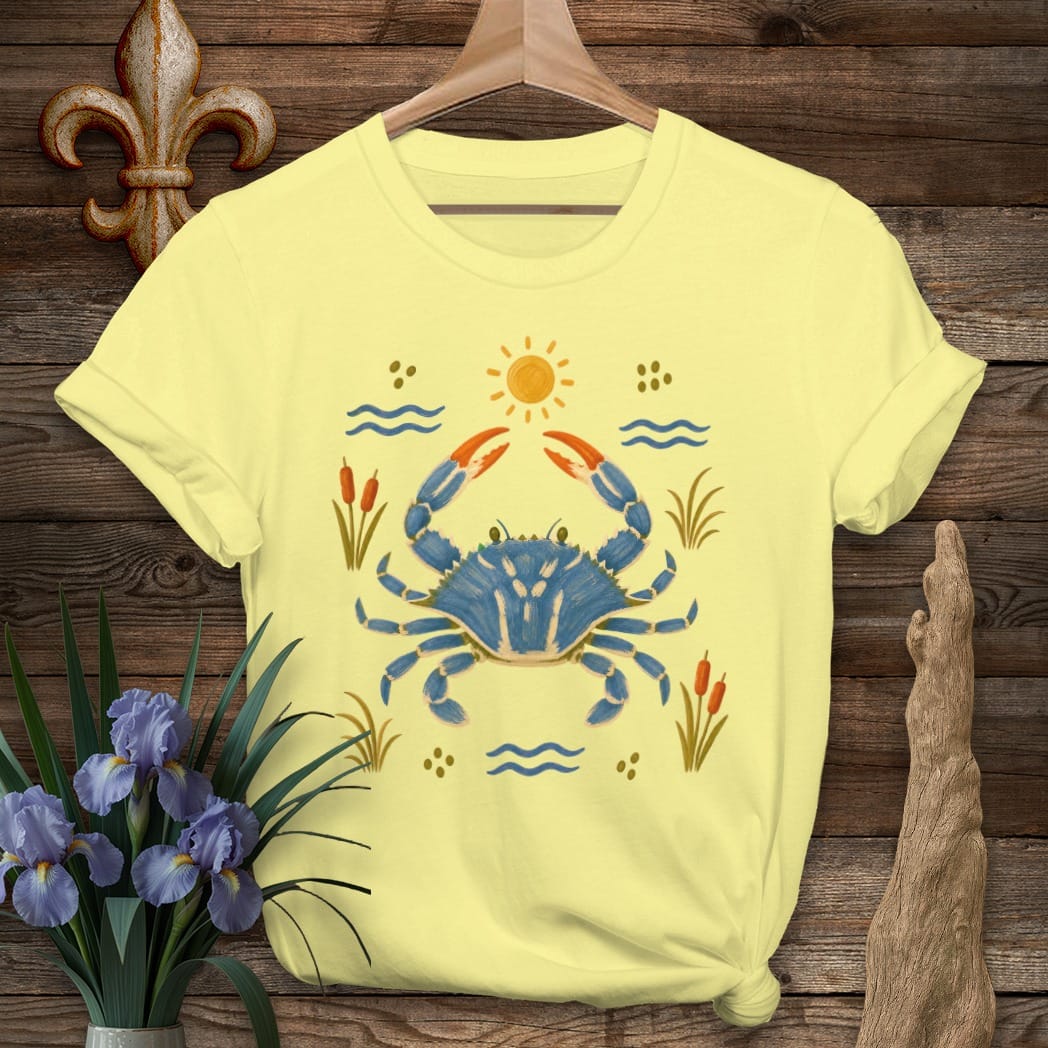 S / Cornsilk Louisiana Coastal Blue Crab T-Shirt by Laissez Faire Wear
