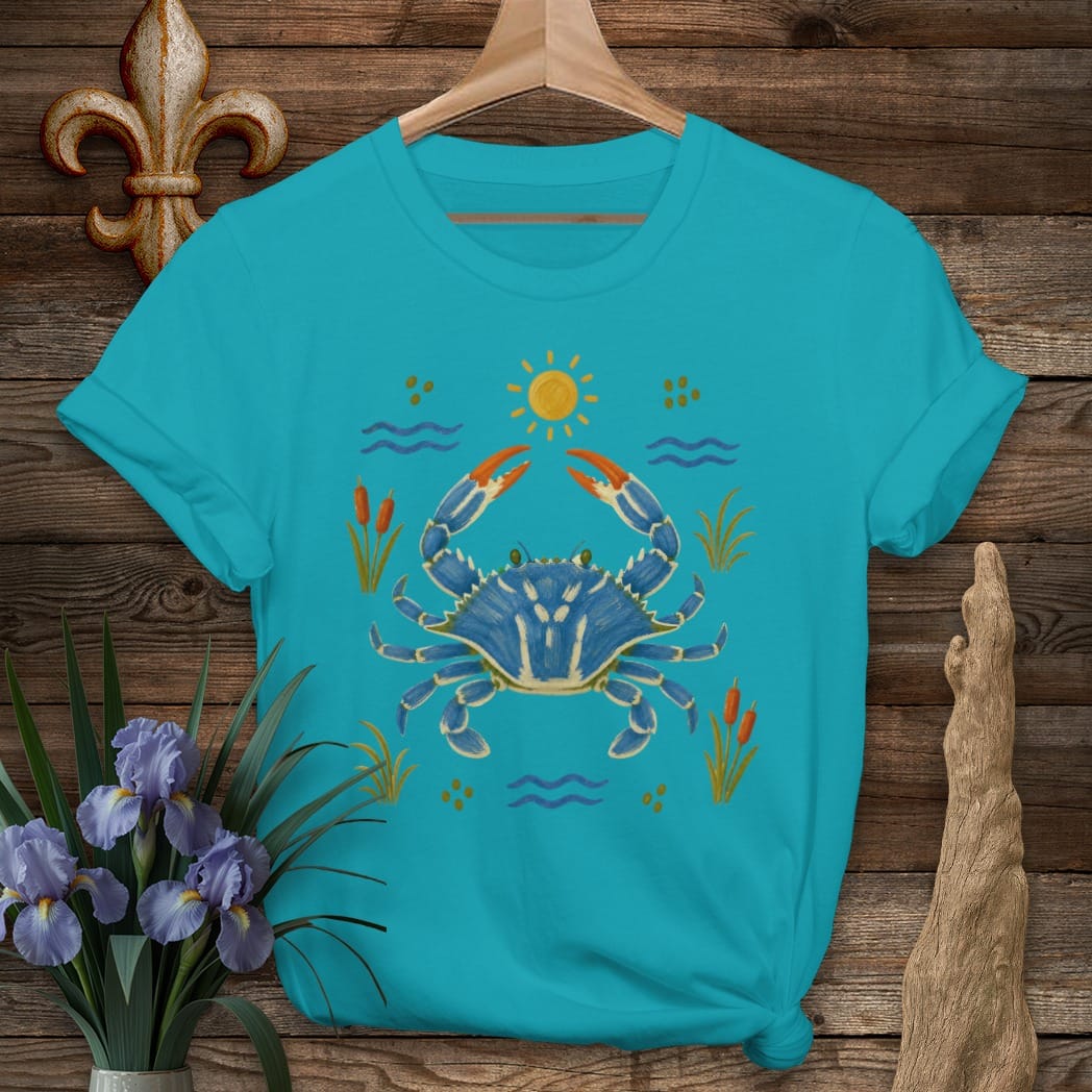 S / Tropical Blue Louisiana Coastal Blue Crab T-Shirt by Laissez Faire Wear