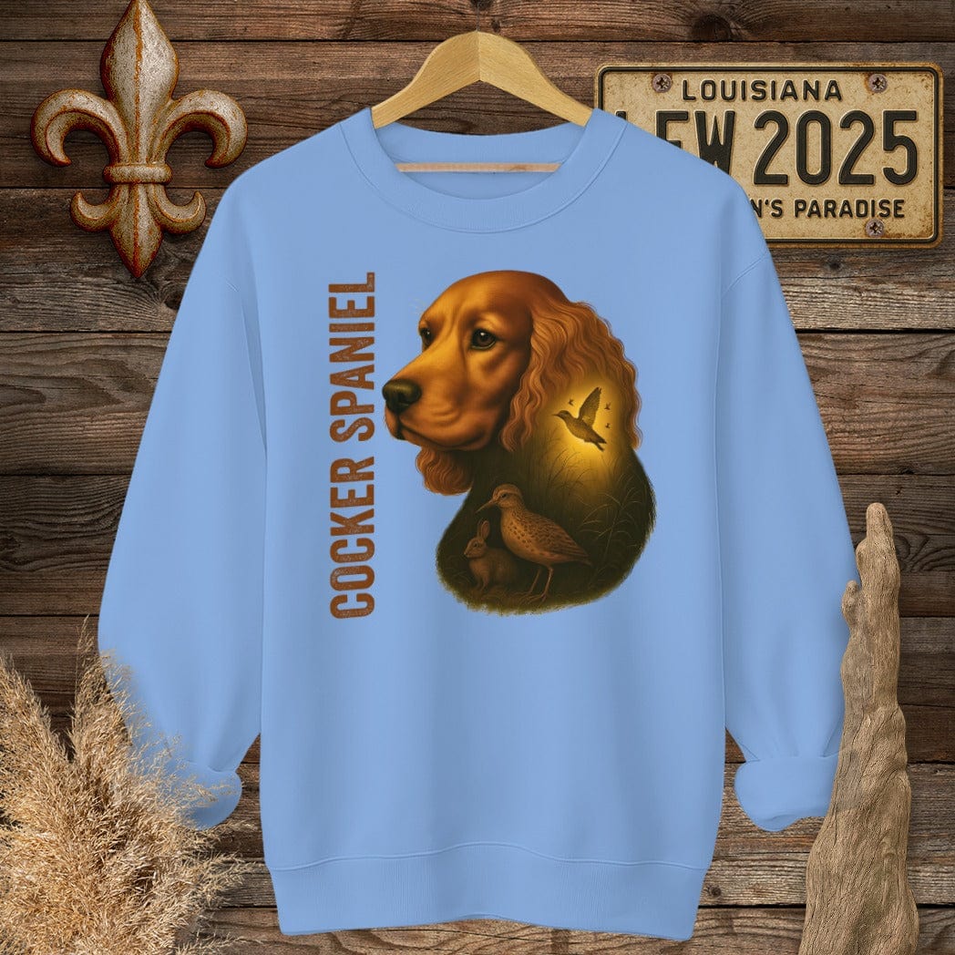 S / Carolina Blue Louisiana Cocker Spaniel Hunting Dog Sweatshirt by Laissez Faire Wear