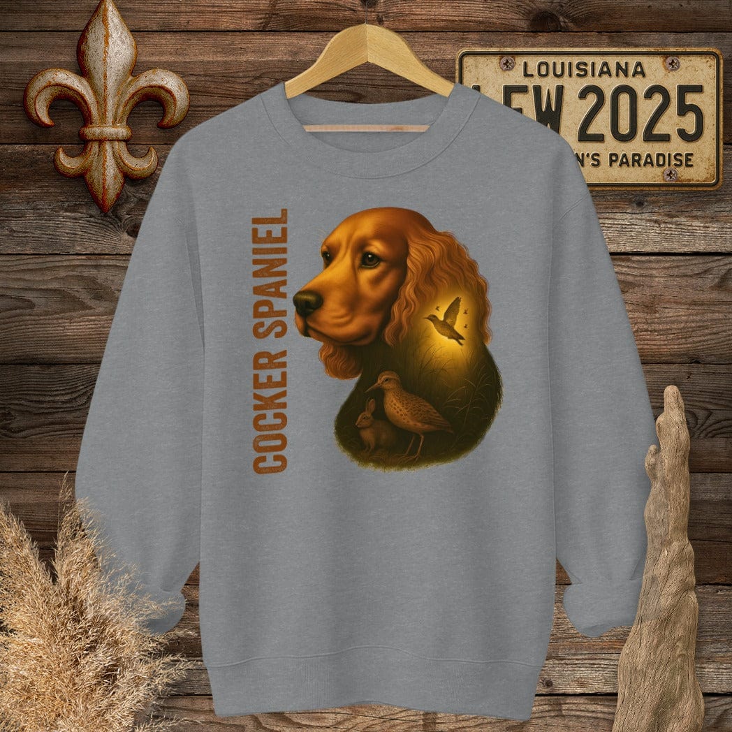 S / Graphite Heather Louisiana Cocker Spaniel Hunting Dog Sweatshirt by Laissez Faire Wear