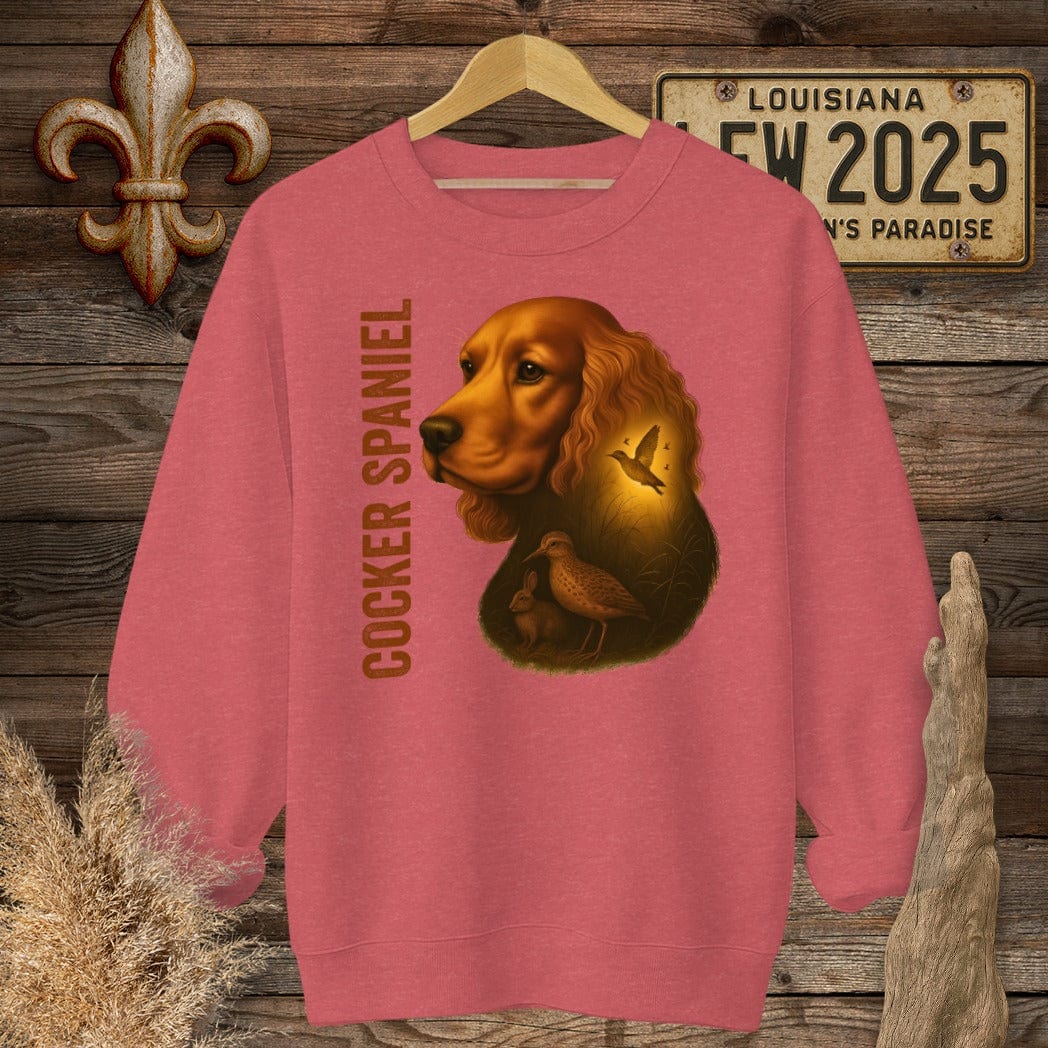S / Heather Scarlet Red Louisiana Cocker Spaniel Hunting Dog Sweatshirt by Laissez Faire Wear