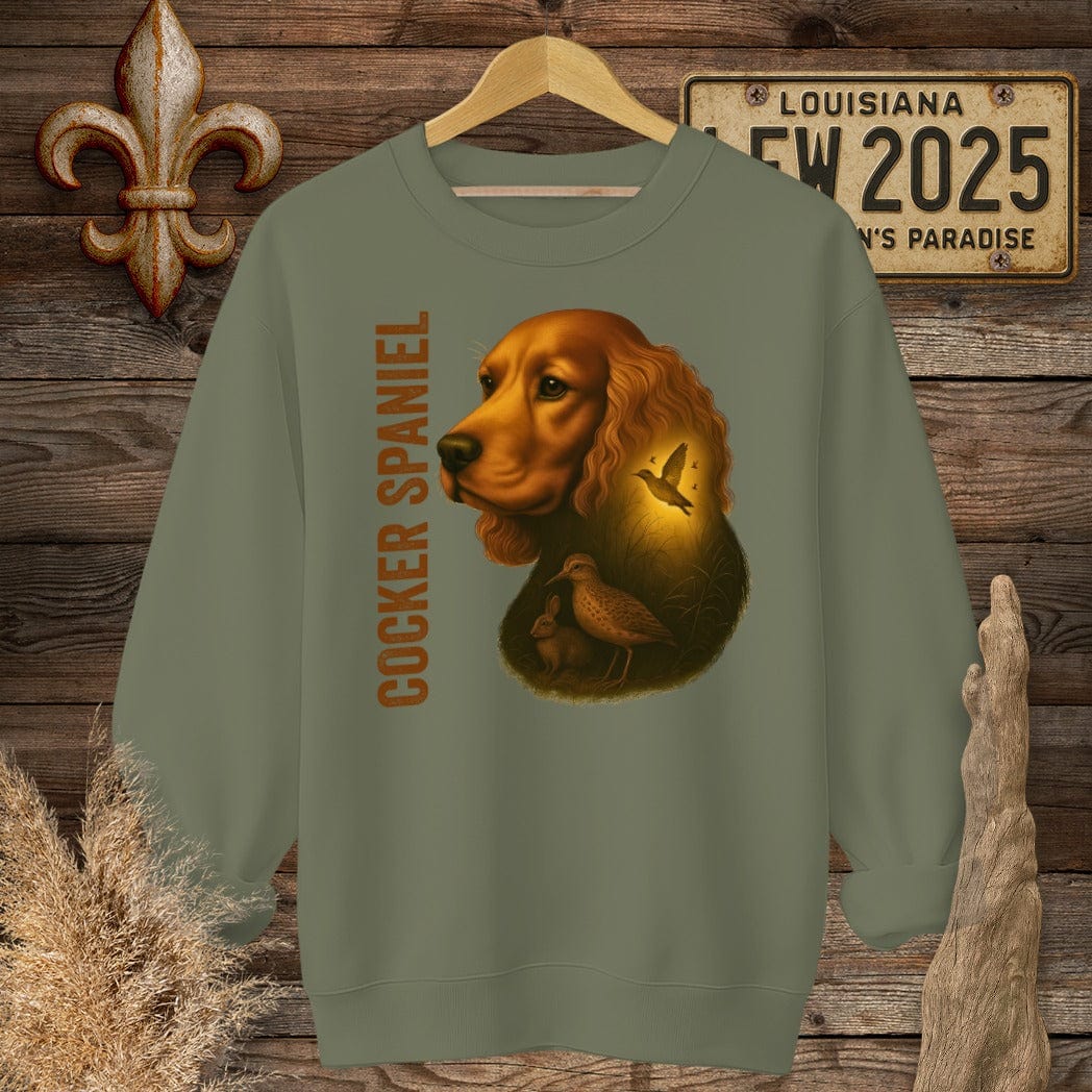 S / Military Green Louisiana Cocker Spaniel Hunting Dog Sweatshirt by Laissez Faire Wear