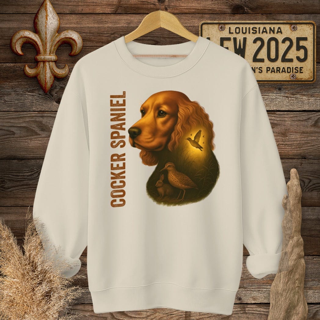 S / Sand Louisiana Cocker Spaniel Hunting Dog Sweatshirt by Laissez Faire Wear