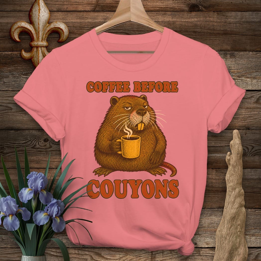 S / Coral Silk Louisiana Coffee Before Couyons T-Shirt by Laissez Faire Wear