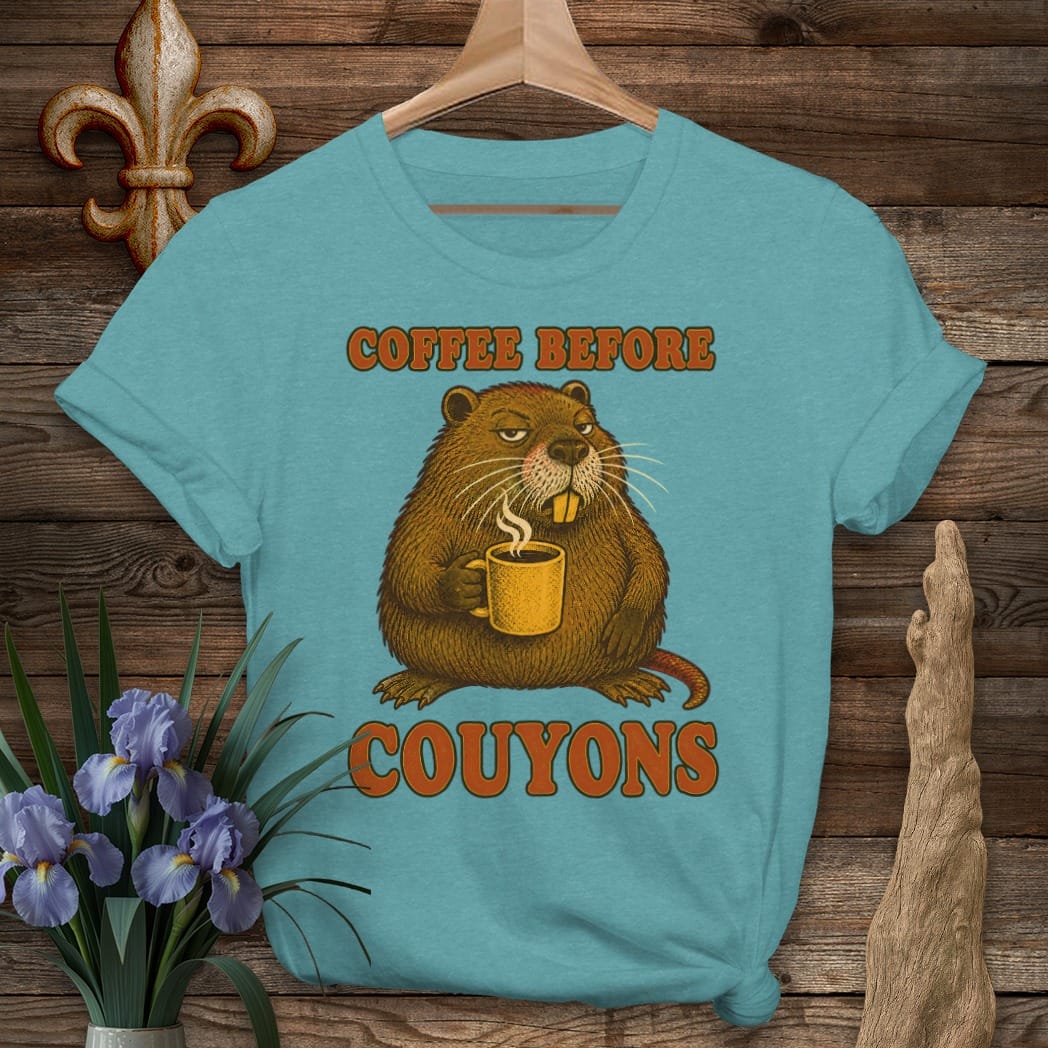S / Heather Galapagos Blue Louisiana Coffee Before Couyons T-Shirt by Laissez Faire Wear